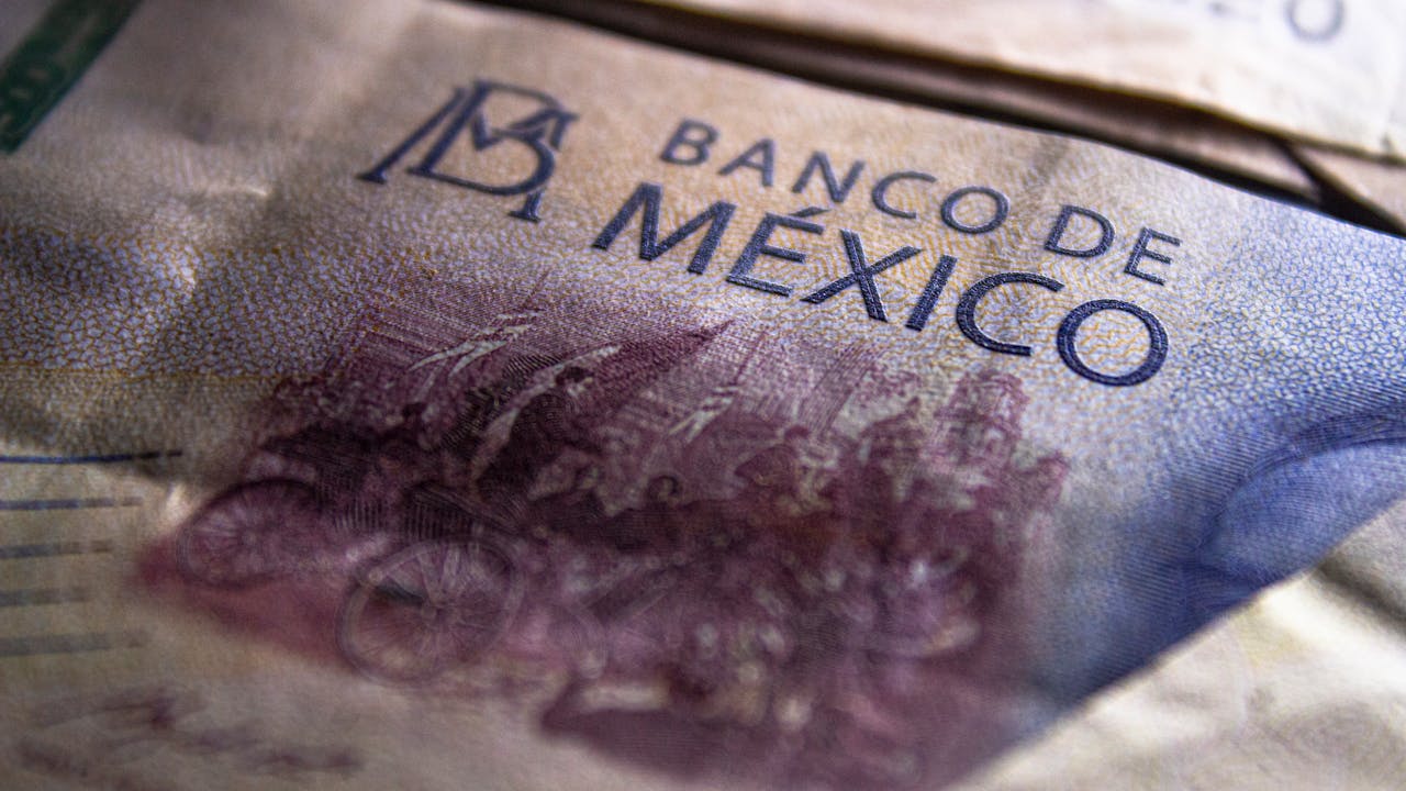 Services-02 Detailed view of a Mexican peso banknote featuring Banco de México text.